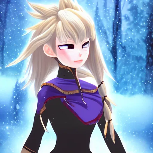 Image similar to portrait focus of Supa Saiyajin beautiful 3D anime girl!!! Frozen ice armor wearing!! dark forest background, snowing, bokeh, inspired by Masami Kurumada, digital painting, high contrast, unreal engine render, volumetric lighting, high détail