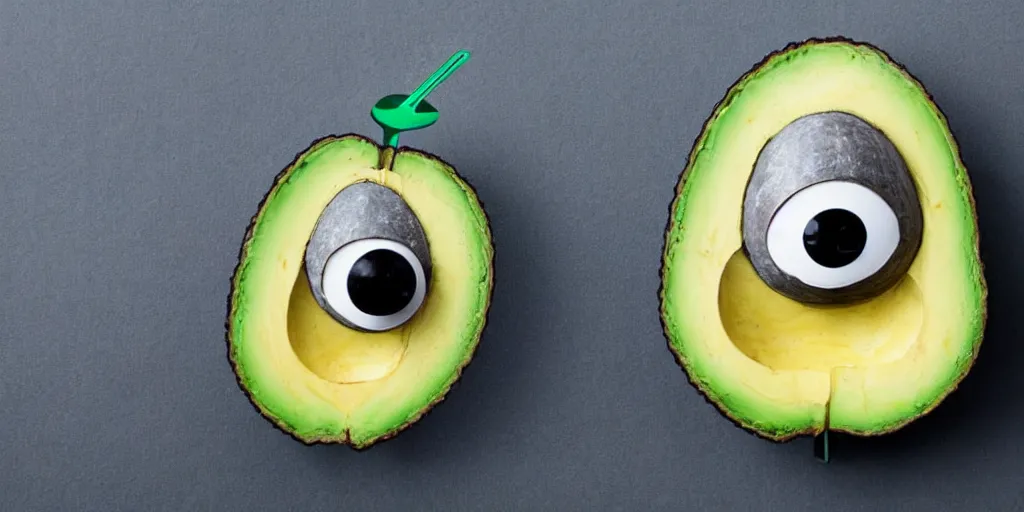 Image similar to robot with avocado head and cute eyes that has forks instead of arms