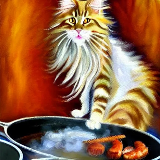 Image similar to beautiful impressionist painting of an ginger maine coon with a white beard cooking some sausages on a pan