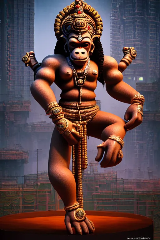 Image similar to high quality 3 d render post - rococo cyberpunk hanuman! head shri ram centre, madhubani, highly detailed, morning in sci - fi new delhi, cinematic smooth unreal engine, lee madgwick & liam wong, dramatic light, long shot, low angle, uhd 8 k, sharp focus