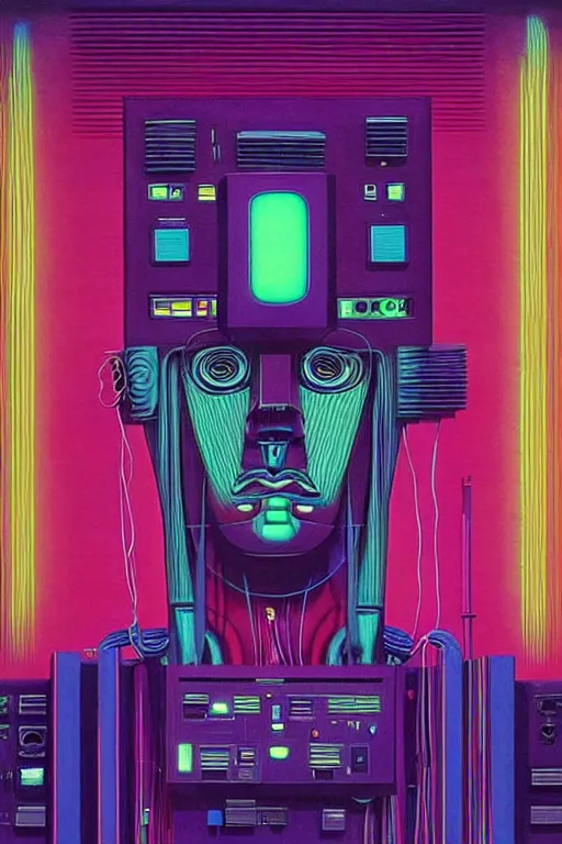 Prompt: 8 0 s art deco robot, wires synthesizers, speakers, computers, studio, taperecorder, cinematic dramatic cyberpunk textural fluid lines purple, pink, blue, green. otherworldly vaporwave interesting details fantasy lut epic composition by basquiat zdzisław beksinski james jean artgerm rutkowski moebius francis bacon gustav klimt