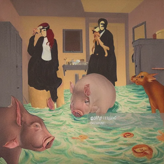 Image similar to tall female emo artist holding a pig in her flooded bathroom, water gushing from ceiling, painting of flood waters inside an artist's bathroom, a river flooding indoors, pomegranates, pigs, ikebana, zen, water, octopus, river, rapids, waterfall, black swans, canoe, berries, acrylic on canvas, surrealist, by magritte and monet