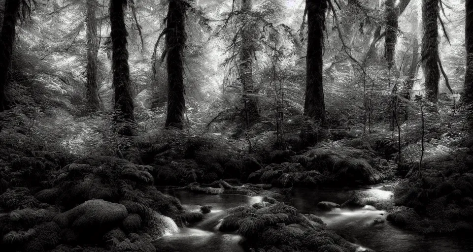 Prompt: deep inside the forest, stream, dramatic lighting, chiaroscuro, moss, ferns, epic, award winning photo by ansel adams, masterpiece, artstation