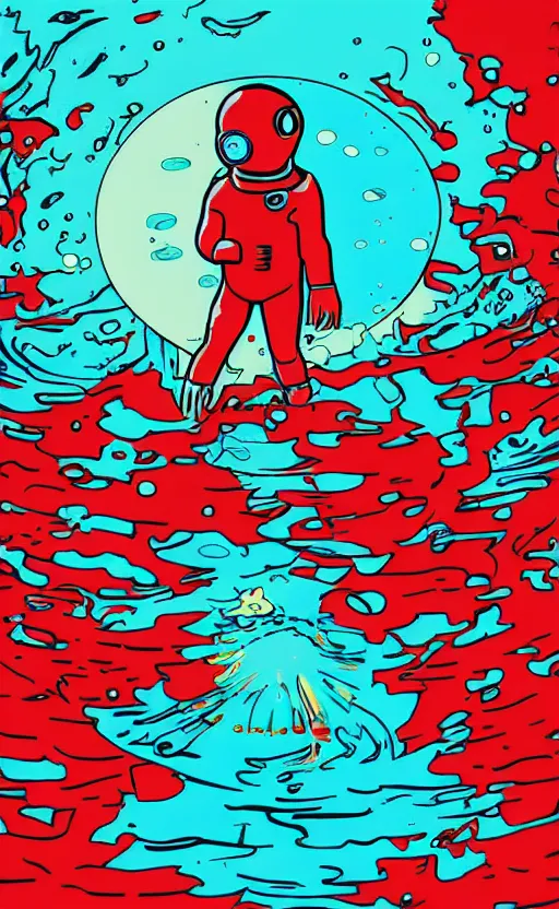 Image similar to drowning astronaut under water, red or blue plants, panic, hyperdetailed, hyperrealistic, cyberpunk style