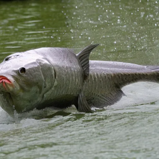 Image similar to siorac en perigors is being attacked by a giant catfish