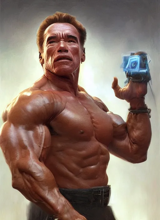 Image similar to Arnold Schwarzenegger as thufir hawat, human computer, VR headset, digital art from artstation by Ruan Jia and Mandy Jurgens and Artgerm and william-adolphe bouguereau