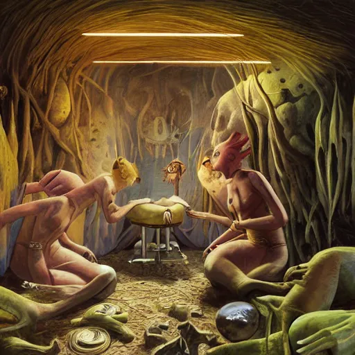 Image similar to primitive extraterrestrial villagers at bedside of severely injured unconscious short - haired blond woman, inside primitive hut, dramatic lighting, illustration, fantastic planet, ron cobb, mike mignogna, jim henson creature shop, science fiction, detailed painting, high detail, coherent, rough paper