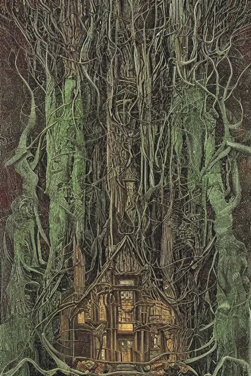 Image similar to a house in the forest by h. r. giger, painterly, alex grey, moebius