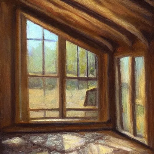 Image similar to oil painting of mostly empty cottage interior, one small window with sunlight shining onto the floor. artistic. cozy. wooden floor. rustic.