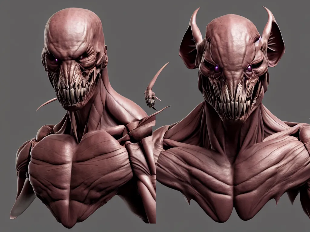 Image similar to game concept art, muscular, exoskeleton, chiroptera head, chiroptera ears, chiroptera nose, amphipoda, hyperrealism, fine detail, artstation, cgsociety, zbrush, no background