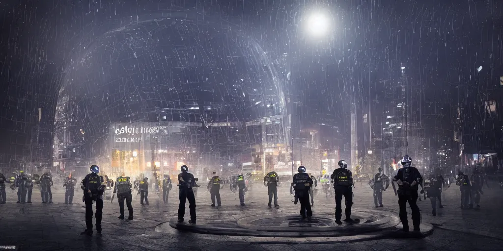 Image similar to policemen protect a huge spiral - shaped luminous object right in the center of the city from protesting people, night, rain and light fog, professional lighting, concept art in 3 d, high detail, professional lighting