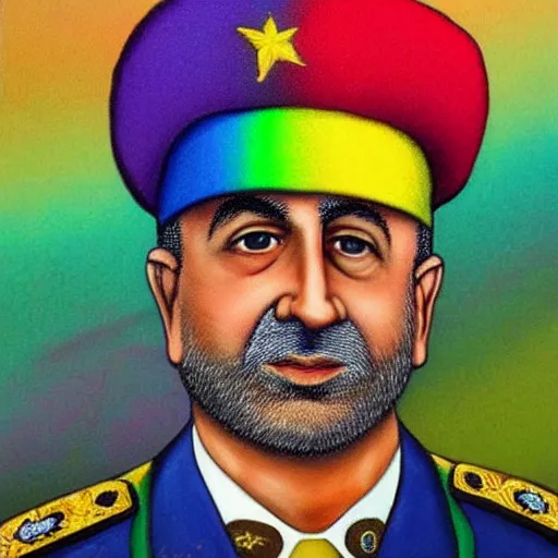 Prompt: rainbow portrait of an iraqi general wearing a beret, 8 k, intricate, detailed,