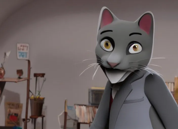 Image similar to film still of an anthropomorphic gray cat wearing a jacket in Dream Work's The Bad Guys Animation