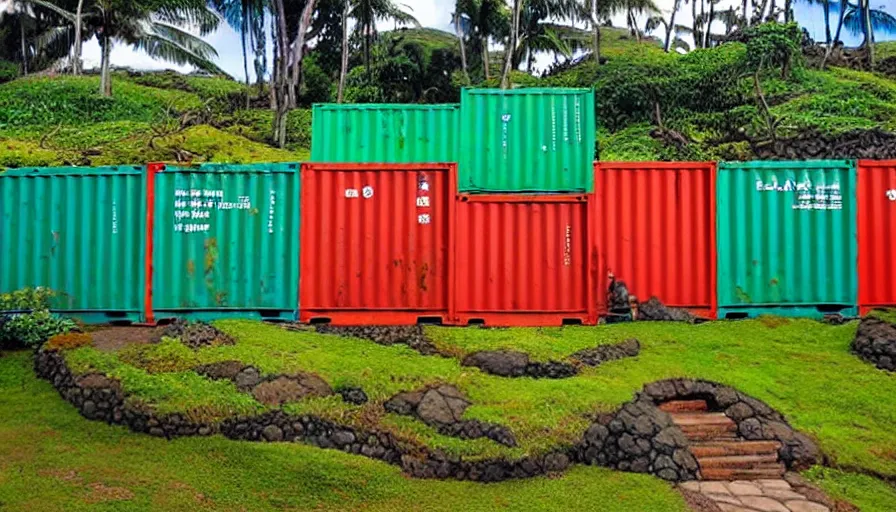 Image similar to hobbit monastery made of shipping containers, on hawaii, by Ivan Bilibin,