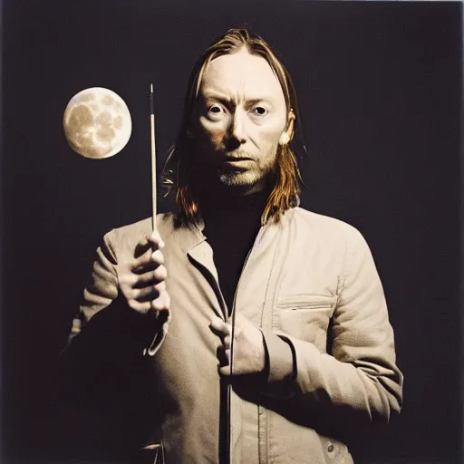 Image similar to Thom Yorke, Radiohead, holding the moon upon a stick, with a beard and a black jacket, a portrait by John E. Berninger, dribble, neo-expressionism, uhd image, studio portrait, 1990s