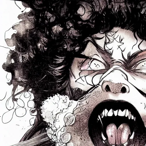 Image similar to scarlett johansson in a enraged drunken state, yelling at a teddy bear, afro samurai style, pencil and ink, greg rutkowski dynamic wide angle lens, dramatic lighting,