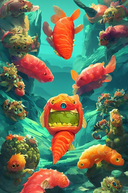 Image similar to 3 d render creature animal sushi cristal very big eye roots cactus elemental flush of force nature micro world fluo fishscale, comics gta 5 cover, official fanart behance hd artstation by jesper ejsing, by rhads, makoto shinkai and lois van baarle, ilya kuvshinov, ossdraws