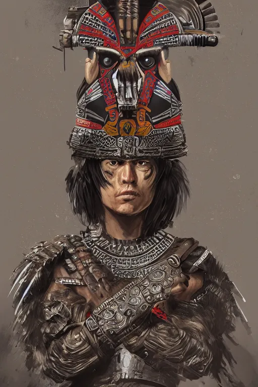 Prompt: a finely detailed painting of an aztec warrior, clothed in mexica military-style battle armor, long dark hair, beautiful bone structure, symmetrical facial features, intricate, elegant, digital painting, trending on Artstation, concept art, smooth, sharp focus, illustration, from Metal Gear by Kevin Keele and Nicolas Aviori,