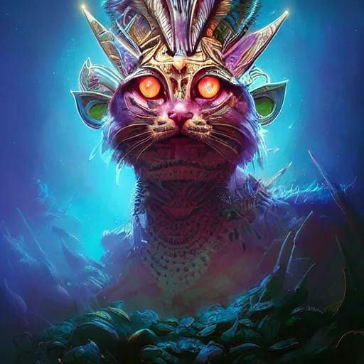 Image similar to synthwave chieftain - cat with ultradetailed aztec - headdress and big glowing cyber eyes by peter mohrbacher and emmanuel shiu and martin johnson heade and bastien lecouffe - deharme, rim light photography