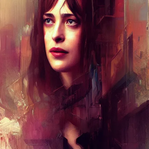 Image similar to dakota johnson, hyperrealistic portrait, bladerunner street, art of elysium by jeremy mann and alphonse mucha, fantasy art, photo realistic, dynamic lighting, artstation, poster, volumetric lighting, very detailed face, 4 k, award winning