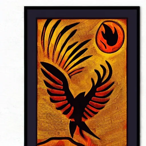 Image similar to a bird rising above the flames, mexican folk art, native american folk art, relief engraving, framed art, simple, mild expressionism, award winning