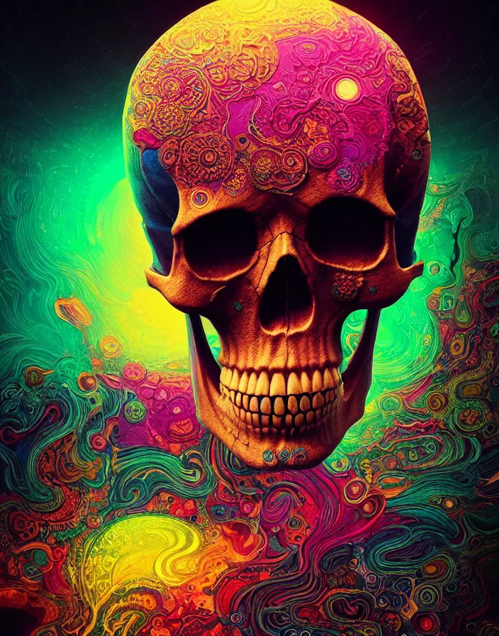 Prompt: portrait of a psychedelic skull. intricate abstract. intricate artwork. by Tooth Wu, wlop, beeple, dan mumford. octane render, trending on artstation, greg rutkowski very coherent symmetrical artwork. cinematic, hyper realism, high detail, octane render, 8k, depth of field, bokeh. dripping accents