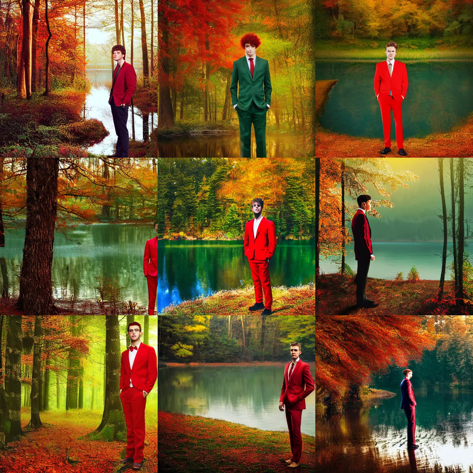 Prompt: digital art of a young man with scarlet red tipped curly green hair wearing a cream suit standing before a lake in autumn in a forest, digital art, golden light