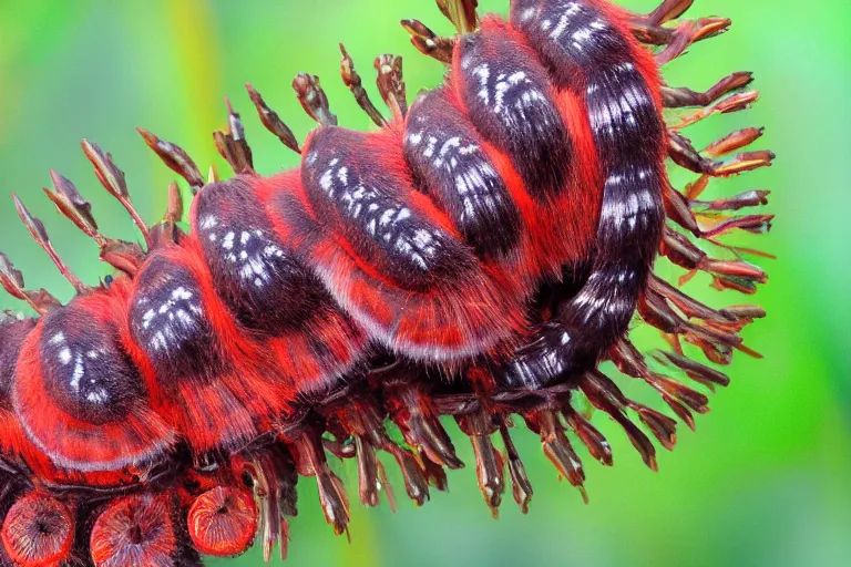 Prompt: hickory horned devil ( regal moth ) caterpillar award winning nature photography, cgi character design psychedelic colors, fluffy long hair, amazing design