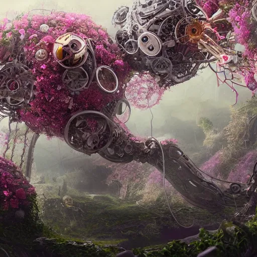 Image similar to intricate bio - mechanical flowers intertwined with human bio - mechanical organs, intricate environment, matte painting, cinematic, epic composition, highly detailed, atmospheric, wide angle, artstation trending