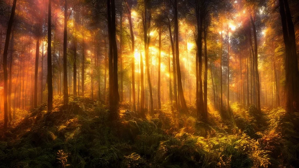 Image similar to amazing landscape photo of a forest in sunset by marc adamus, beautiful dramatic lighting