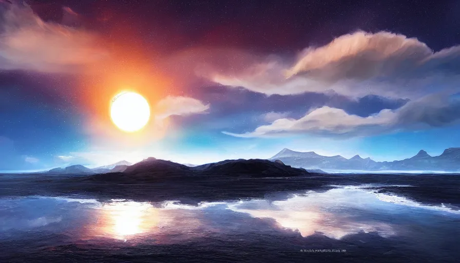 Prompt: solar eclipse in iceland, black sand, colorful clouds, blue sky, water reflection, jessica rossier, art station