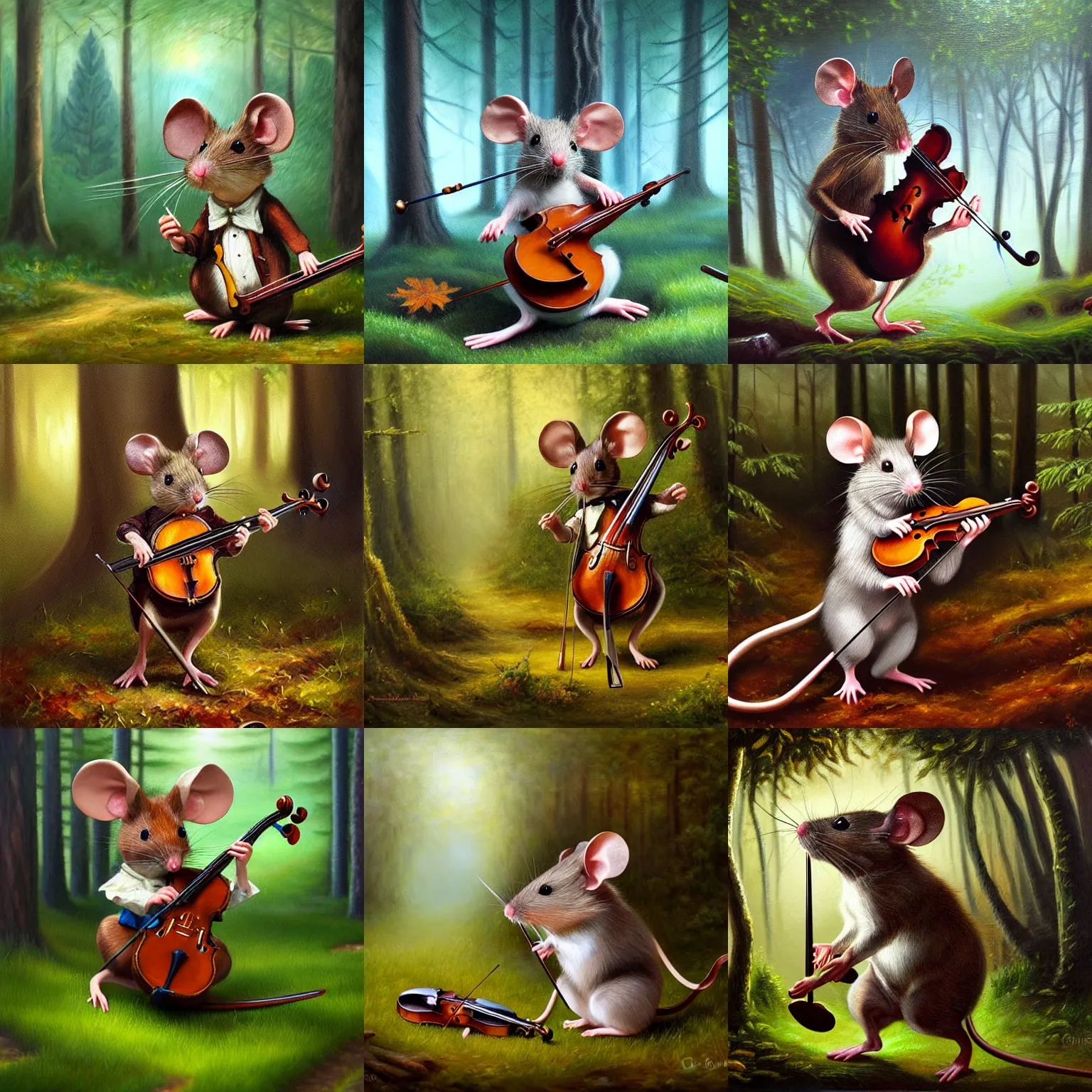 Prompt: classic oil painting, a mouse with a violine, as a dnd character, standing in the forrest, highly detailed, digital illustration, concept art, close up