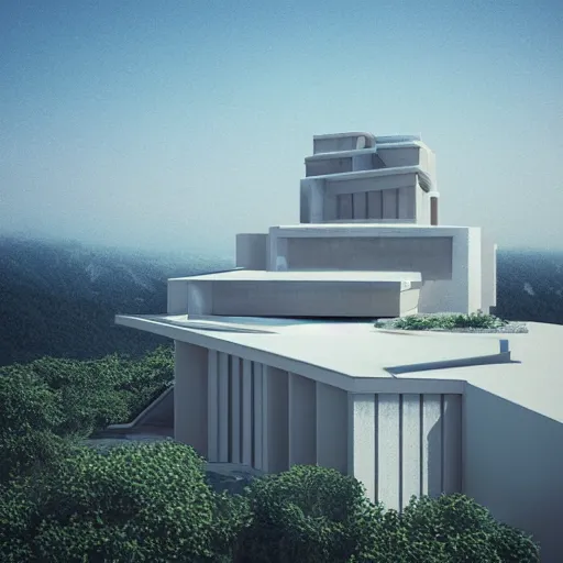 Image similar to dreamy architecture on hill render by Alexis Christodoulou. photorealism. V-Ray, blue color scheme