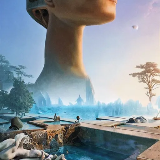 Image similar to peter tarka, minimalistic, hyperrealistic surrealism, award winning masterpiece with incredible details, epic stunning, infinity pool, a surreal vaporwave liminal space, highly detailed, trending on ArtStation, artgerm and greg rutkowski and alphonse mucha, daily deviation, IAMAG, broken giant marble head statue ruins, nightscape, milkyway