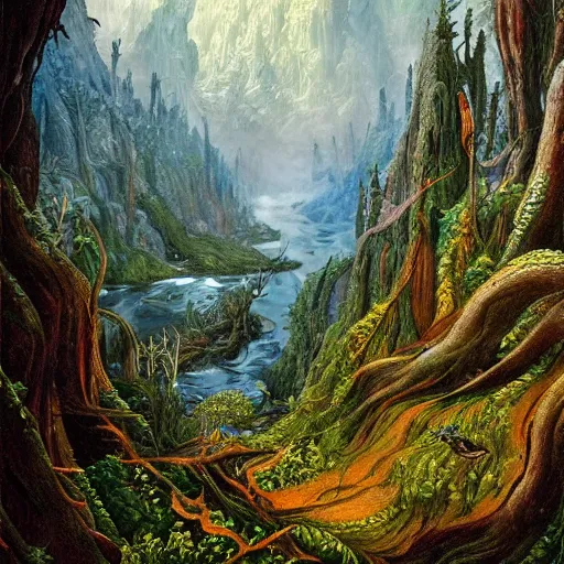 Image similar to a beautiful and highly detailed fantasy painting of a magical gerden deep in the misty mountains, intricate details, epic scale, insanely complex, 8 k, sharp focus, hyperrealism, fantasy landscape, psychedelic patterns, by caspar friedrich and james gurney,