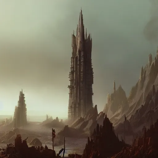 Image similar to * * one gigantic brutalist ancient tower, a detailed structure with at the top 3 spires in form of a trident, 1 0 0 0 meters tall set against sunlit, surrounded by smoke, mountains and a huge old city, 8 k, volumetric lighting, cinematic composition, octane render, dark surrealism, highly detailed by peter mohrbacher