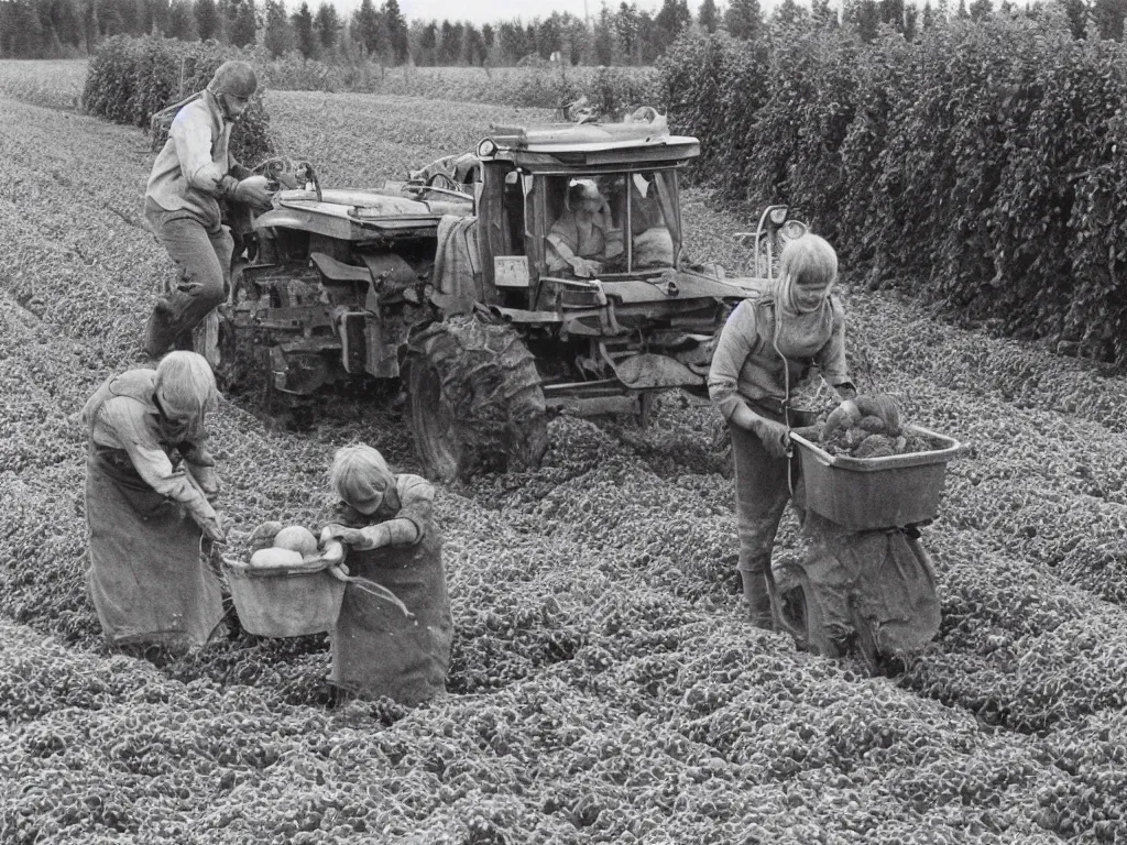 Image similar to potato harvesting in finnish farm, 1 9 6 6, home album pocket camera photo, detailed facial features, hyper realistic