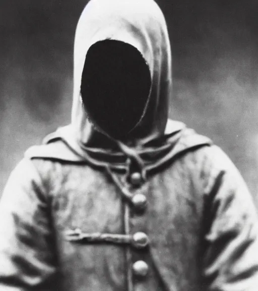 Prompt: full body portrait of a man at distance wearing hooded beaked mask covering his entire face, ww1 film photo, grainy, high detail, high resolution