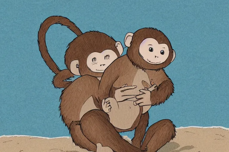 Image similar to high definition illustration of a monkey holding its baby in its lap, while walking along the beach, studio ghibli style, highly detailed, fun,