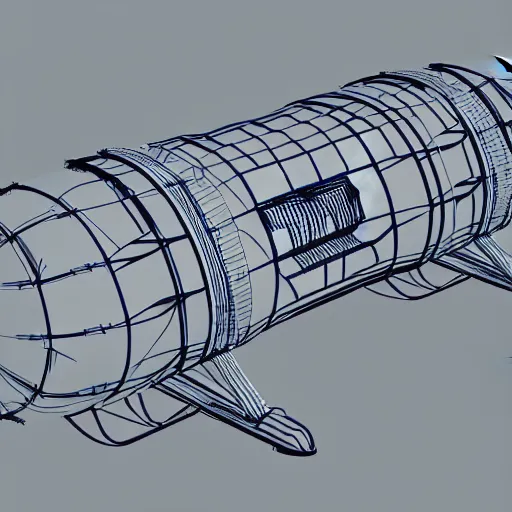 Image similar to xray wireframe of blueprint sketch of barrel fed rocket launcher, 8k resolution, high detail, ULTRA REALISTIC VFX, reflections, post processing