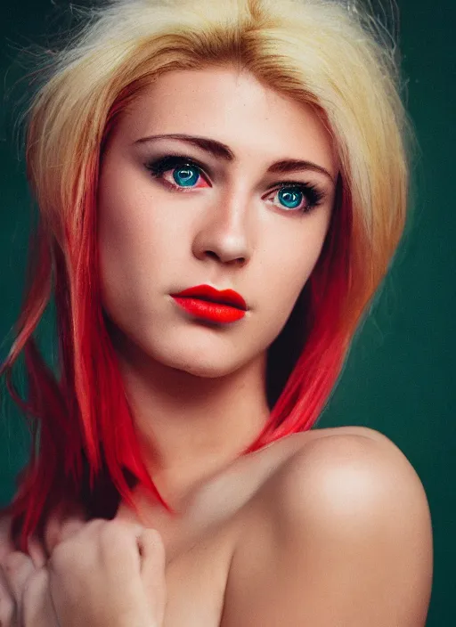 Image similar to kodak portra 400,High details, red and green color gels, photo portrait, extreme close-up a beautiful woman with blond hair , high quality ,photo-realistic, sigma art 85mm F1.4