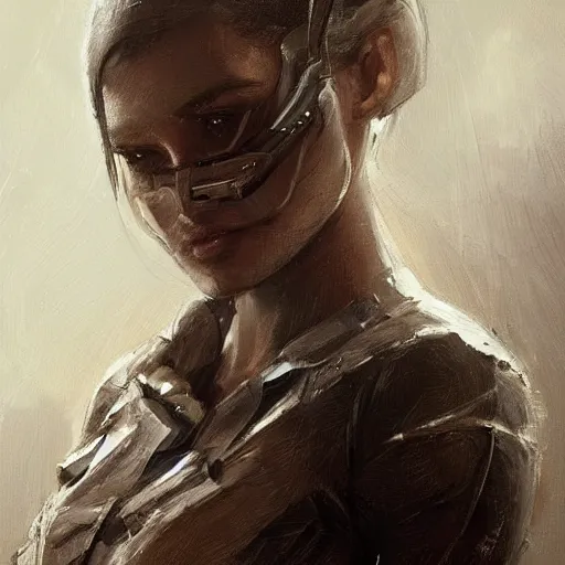 Image similar to Portrait of a woman by Greg Rutkowski, she is about 20 years old, round face, mixture turkish and russian, dark blonde hair with two strands around her face, attractive, sad and melancholy gaze, she is wearing a futuristic tactical space suit, highly detailed portrait, scifi, digital painting, artstation, concept art, smooth, sharp foccus ilustration, Artstation HQ.