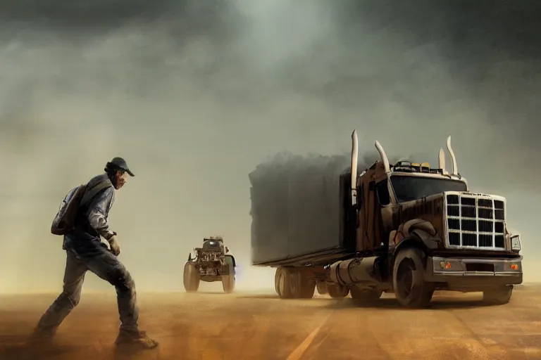 Image similar to epic concept art of an approaching truck and a man standing still. man in foreground. backlight. strong contrast. by ashley wood and j. m. w. turner, speed painting, photo bash, cinematic angle, super detailing, strong perspective, over the shoulder shot