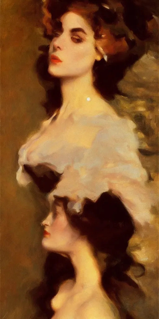 Image similar to Close-up portrait of a femme fatale, by John Singer Sargent, Albert Bierstadt, Ernst Haeckel, James Jean, emotional, cinematic atmospheric, moody atmosphere, oil on canvas, artstation