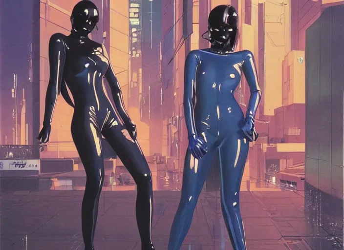 Image similar to cyberpunk japanese women with black eyes and pretty face wearing latex catsuit and lots of transparent and cellophane accessories, blue hour, crisp, painting by moebius and mayumi hosokura