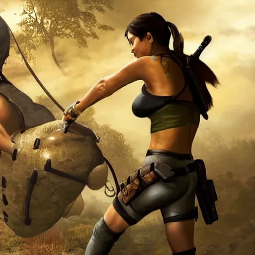 Image similar to photograph of lara croft inflated by a cursed idol. her body is huge, round, and bulging out of her clothes.