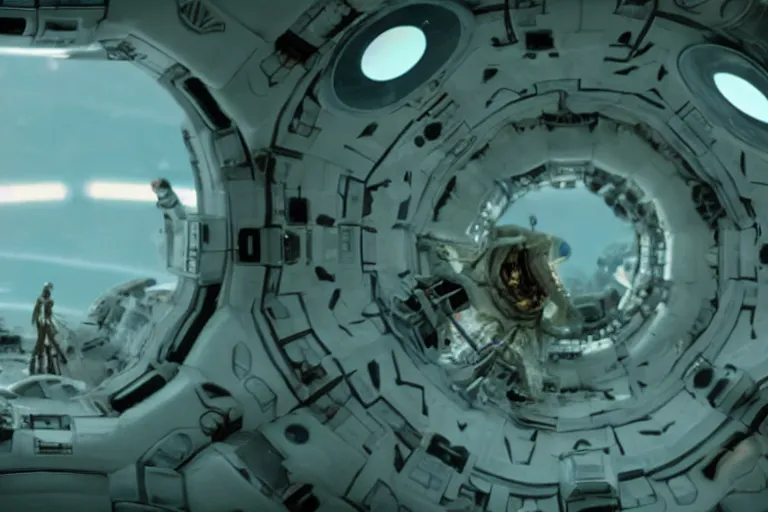 Image similar to film still of closeup beautiful model space tourists, futuristic space colony space port by emmanuel lubezki