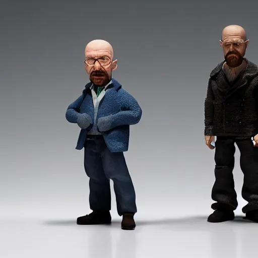 Image similar to two claymation figures of walter white and jesse pinkman, studio lighting