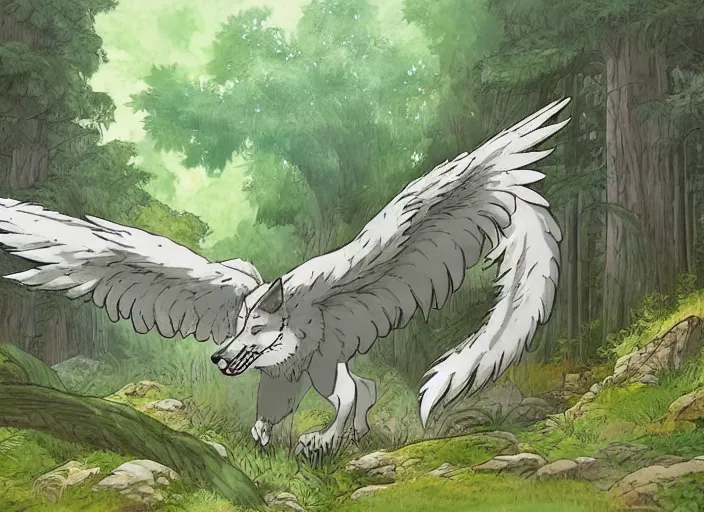 Prompt: a majestic great wolf spreading his wings in a mythical forest next to a pathway, by ghibli studio and miyasaki, illustration, great composition