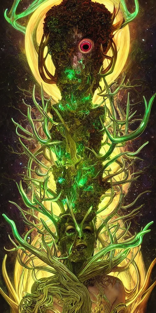 Image similar to intense glowing pagan fungus god with antlers and tentacles and intense glowing eyes and a mossy skull in very dark cosmic space by karol bak and artgerm and alphonse mucha, portrait, fantasy, clear, light beams, lens flare, intense, uhd, amazing depth, cinematic lighting, deep green and black and shining gold